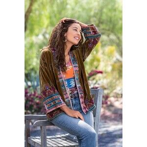 Johnny Was Olive Green Velvet Silk Blend Embroidered Short Kimono Size XL Boho